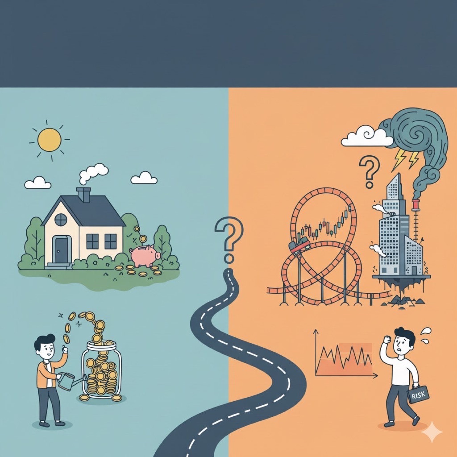 저축(집, 저금통)과 투자(롤러코스터, 폭락하는 건물)를 갈림길로 표현한 일러스트