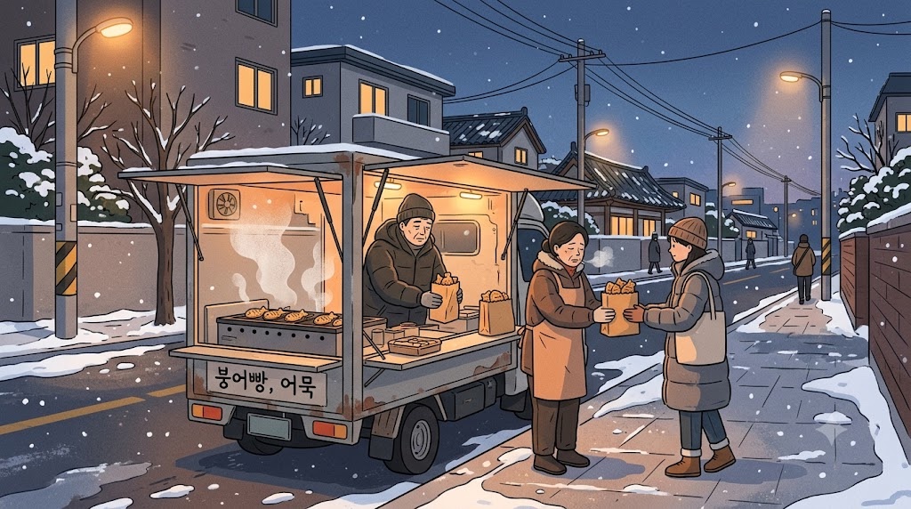 눈 내리는 겨울밤 동네 골목의 붕어빵 트럭 일러스트