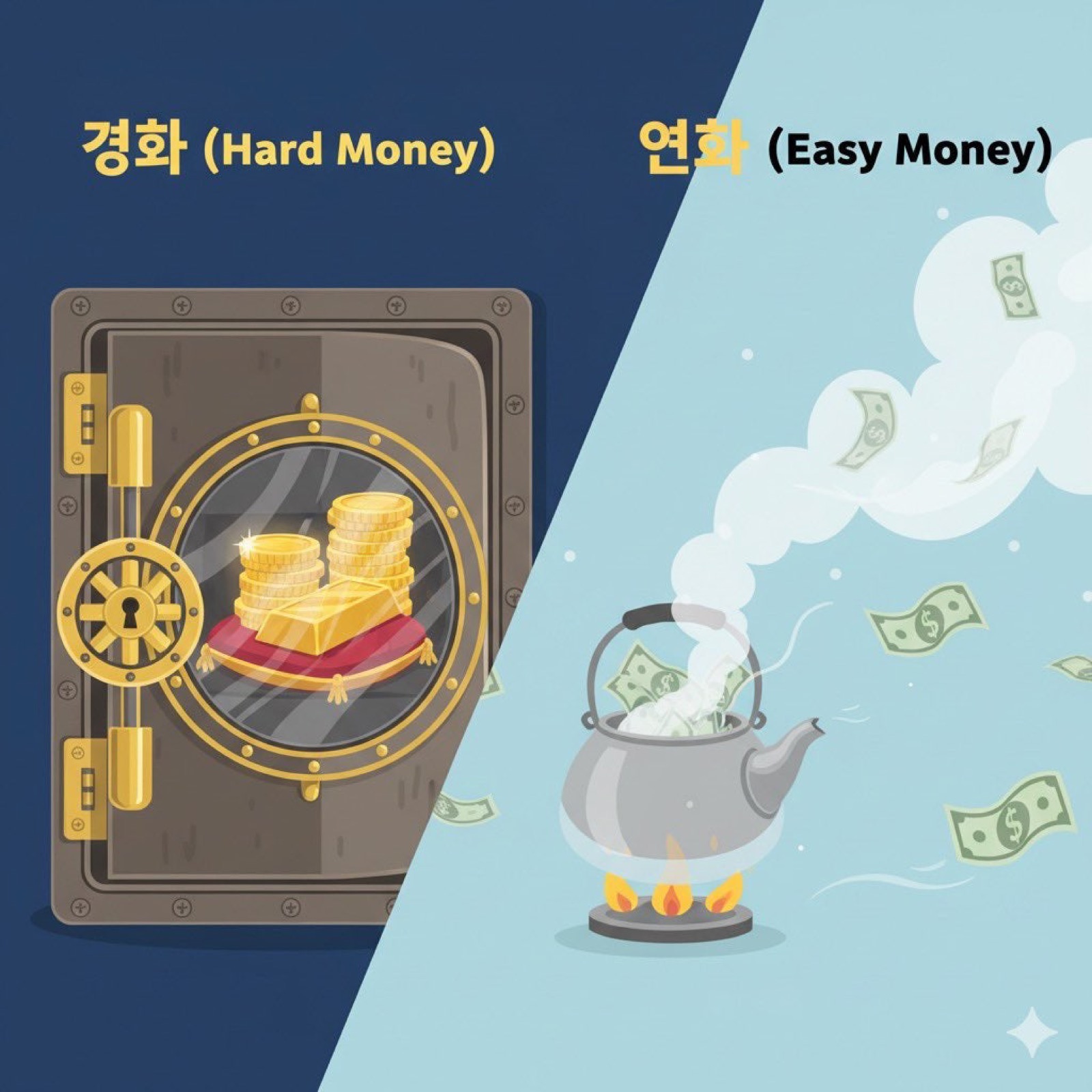 경화(금고 속 금)와 연화(끓는 주전자에서 날아가는 지폐)를 대비한 일러스트