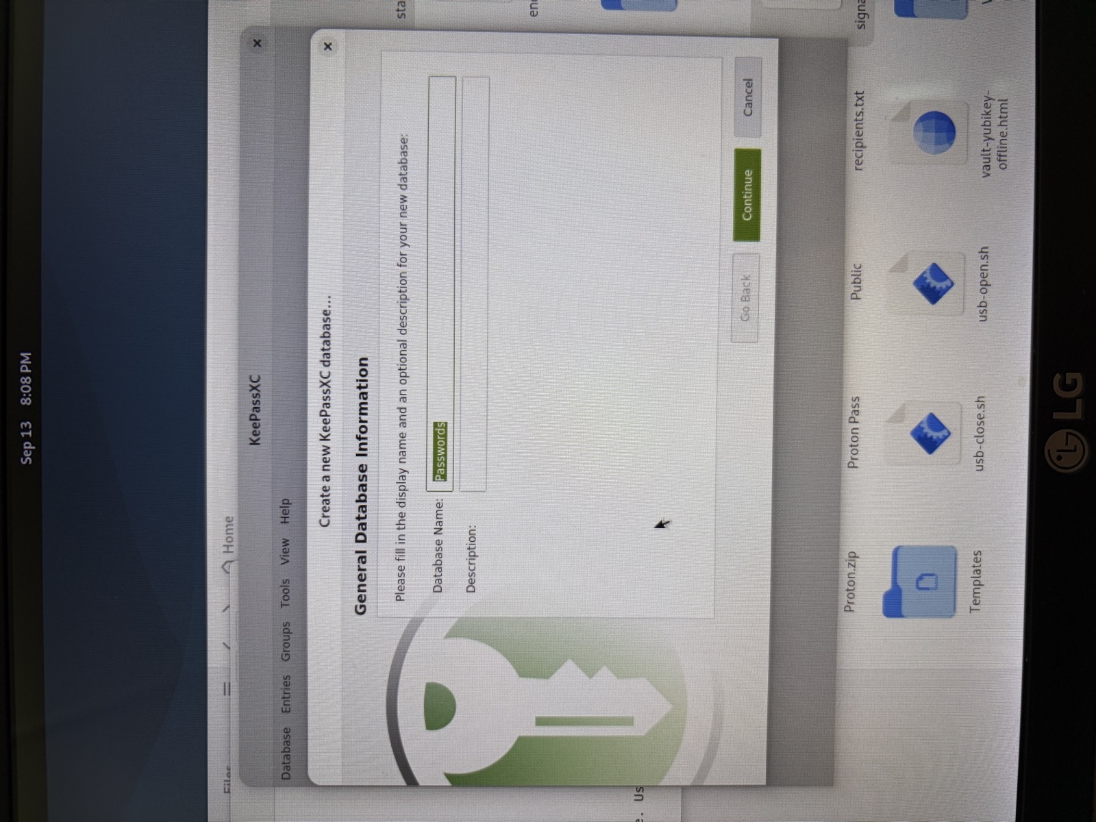 KeePassXC 새 데이터베이스 생성 화면
