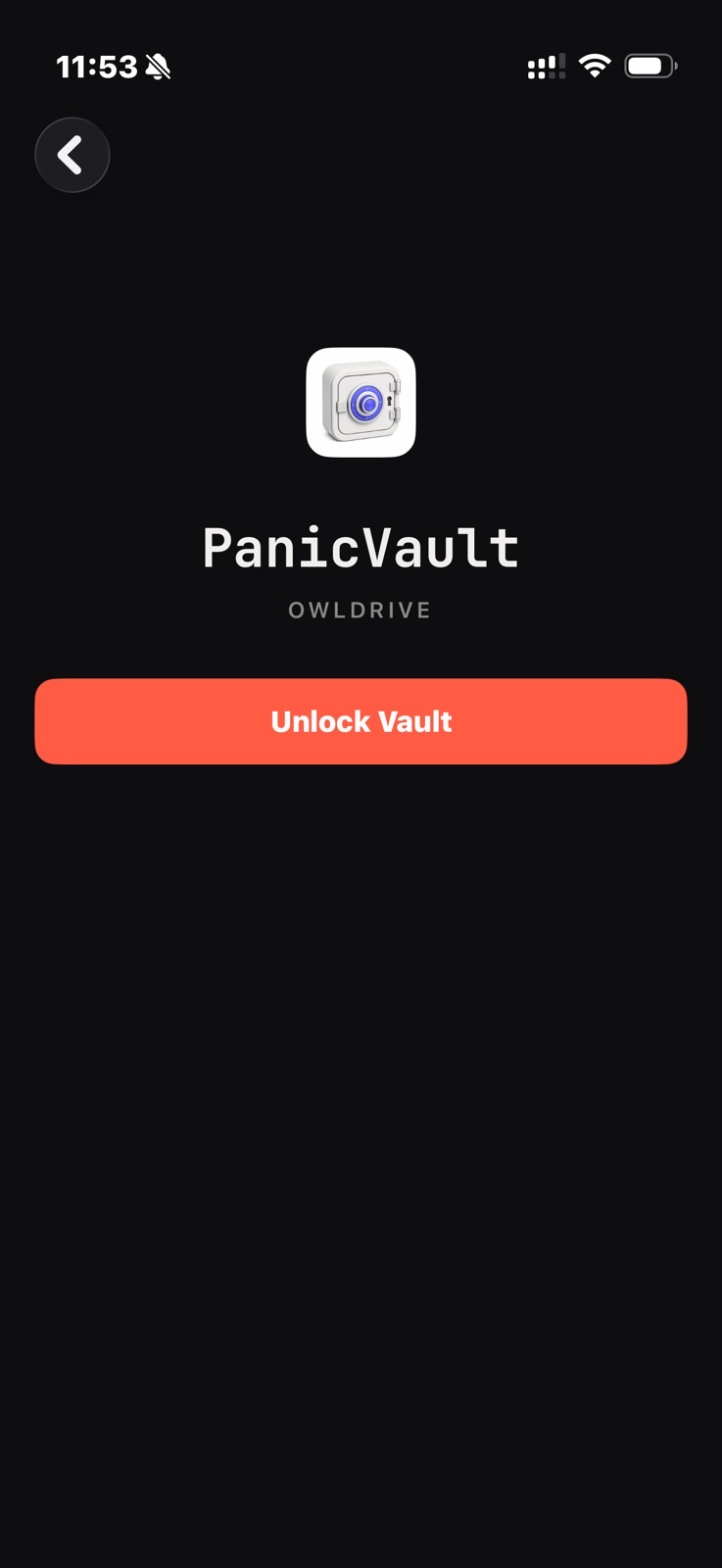 PanicVault Unlock Vault 화면