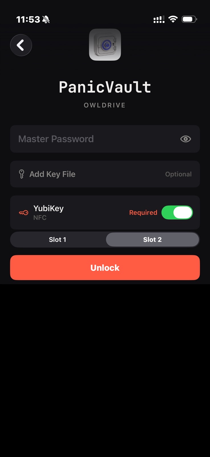 PanicVault 잠금해제 화면, YubiKey NFC Required 토글과 Slot 2 선택