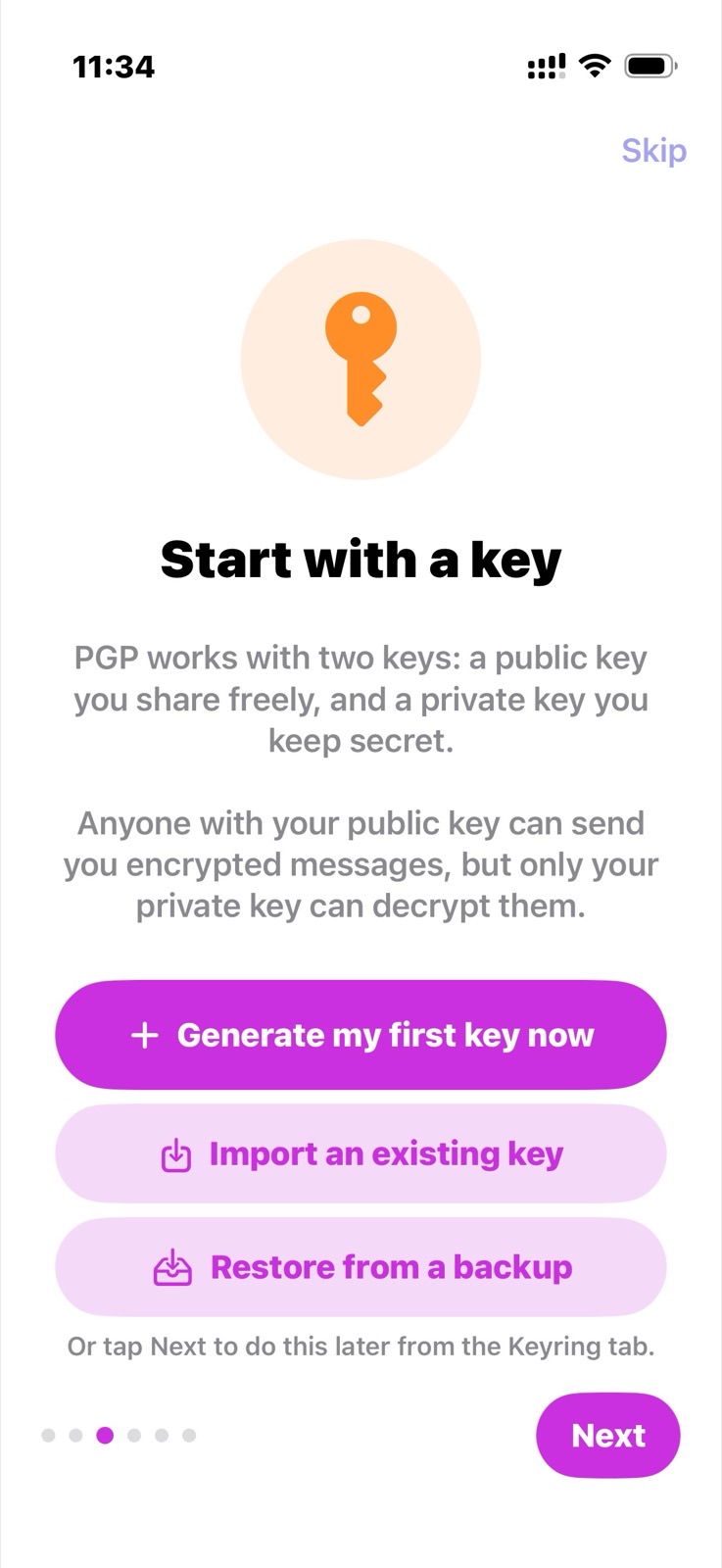 PGPony 앱의 키 시작 화면