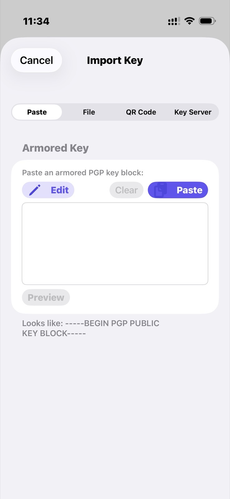 PGPony 앱의 Import Key 화면, QR Code 탭 포함