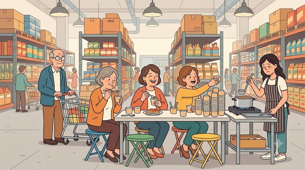 창고형 마트 시식 코너 앞에 앉아 스파게티를 받아먹는 세 사람과 뒤에서 기다리는 손님