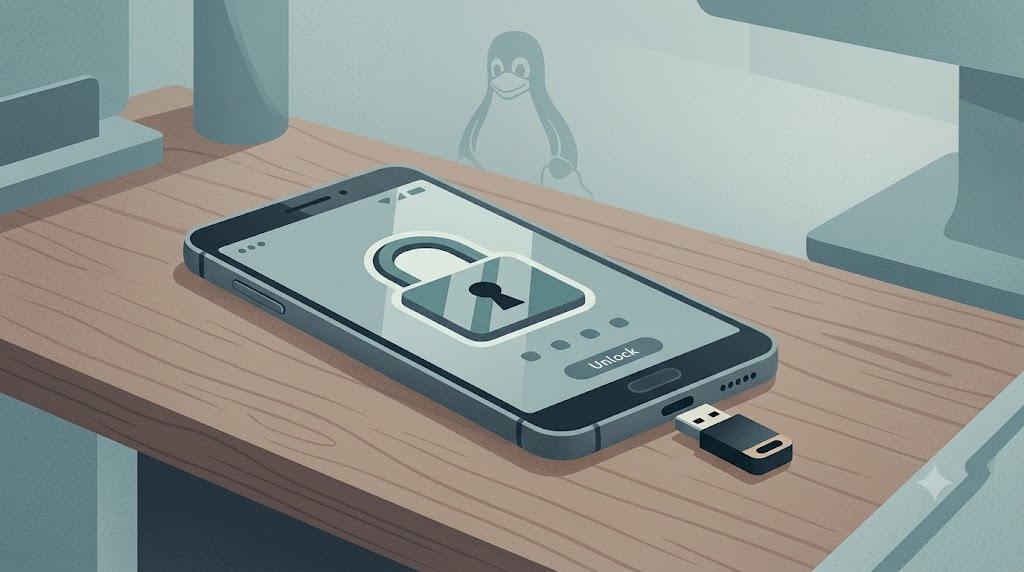 USB-C 보안키가 꽂힌 채 화면에 자물쇠가 뜬 리눅스폰 일러스트